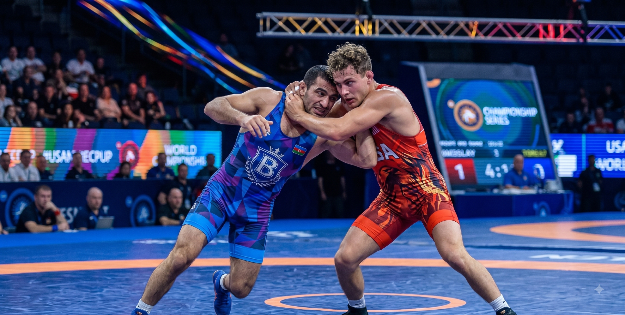 Two wrestlers mid-bout at a championship meet