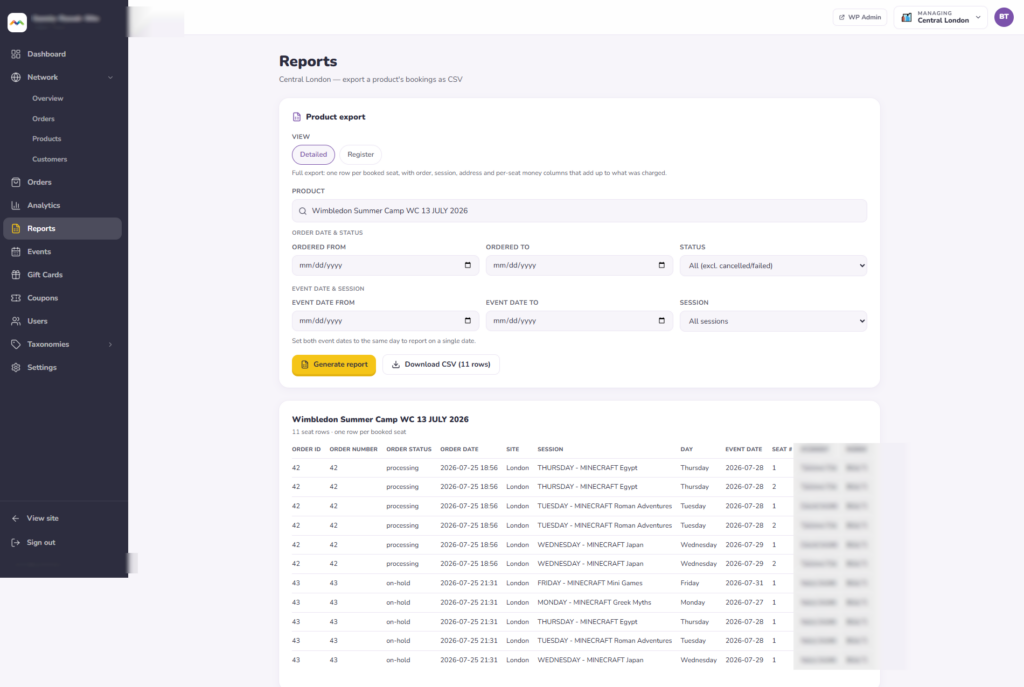 Per-seat booking export, with attendee details redacted