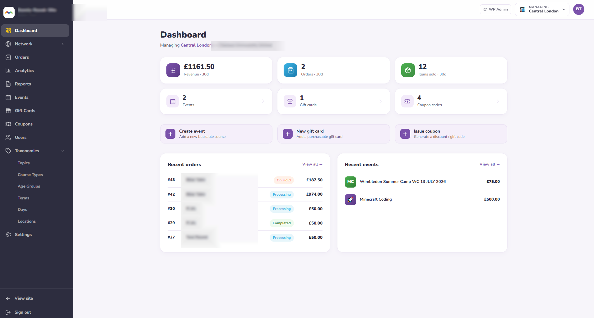 The operator dashboard — revenue, orders and upcoming courses, with customer names redacted