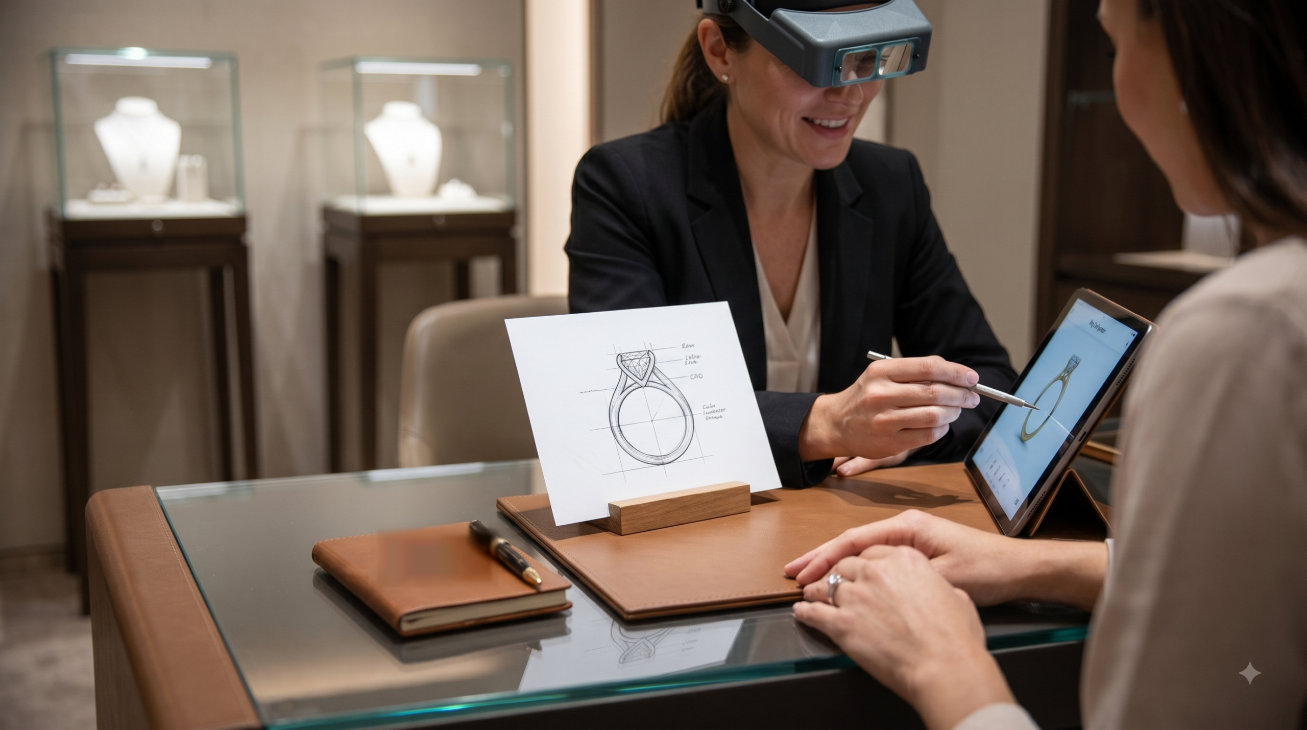 A jeweller and a customer agreeing a ring design from a sketch and a tablet