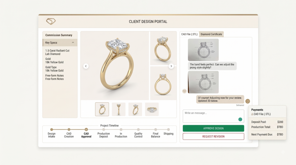 The customer design portal — CAD render, approval and message thread